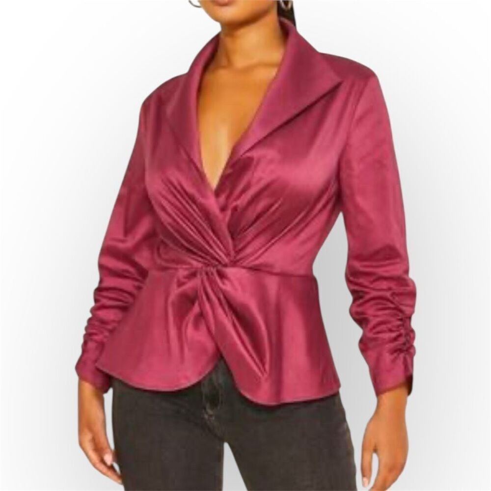 Tadashi Shoji Collection Taffeta Ruched Sleeves Metallic Magenta Top, Women’s 12